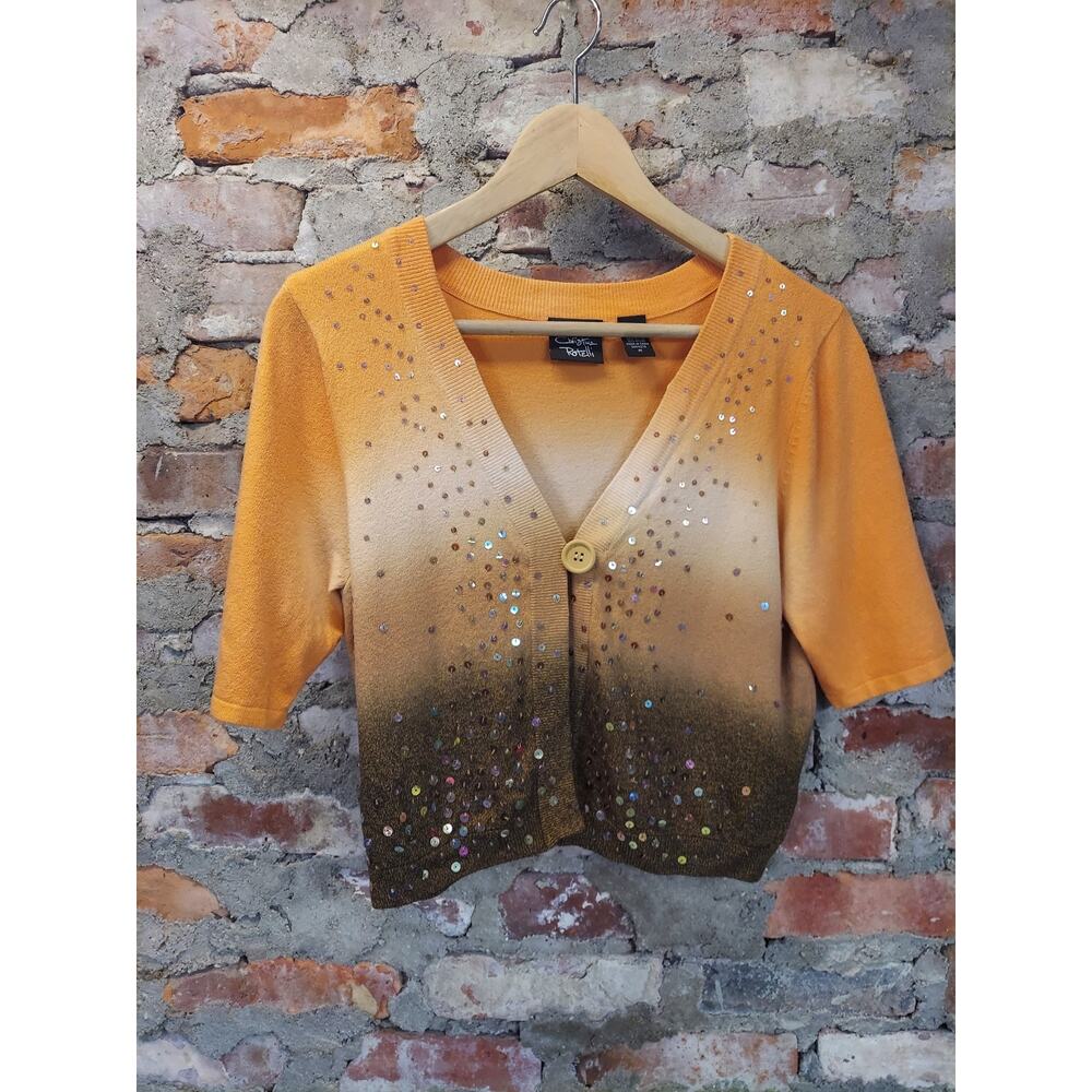 Christine Rotelli Womens Cropped Cardigan M Orange Brown Ombre Sequin V Neck